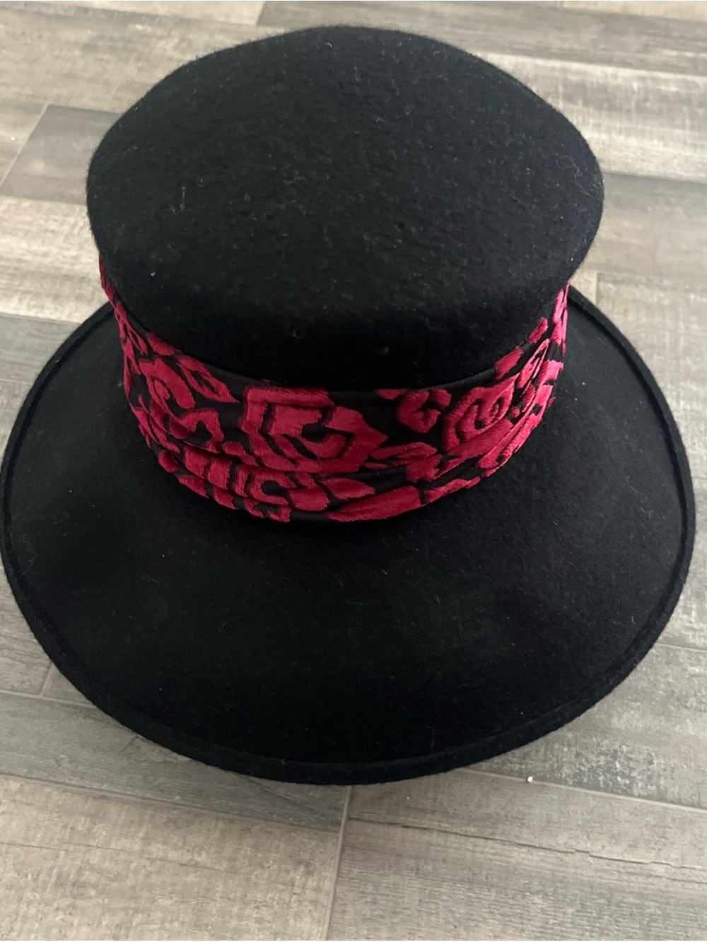 Scala Black Wide-Brim Wool Hat with Red Rose Band